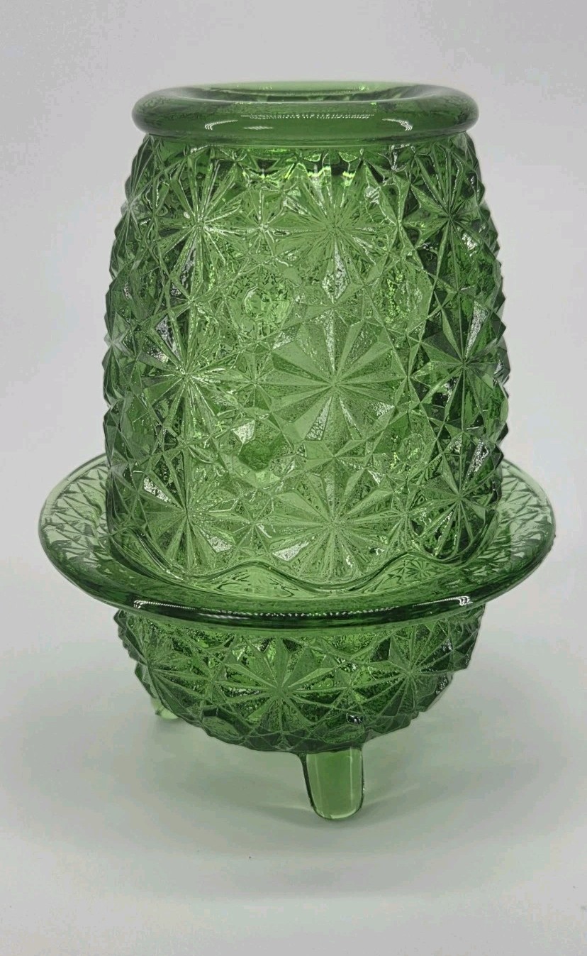 Vintage L.E. Smith Daisy And Button Emerald Green Footed Fairy Lamp EUC