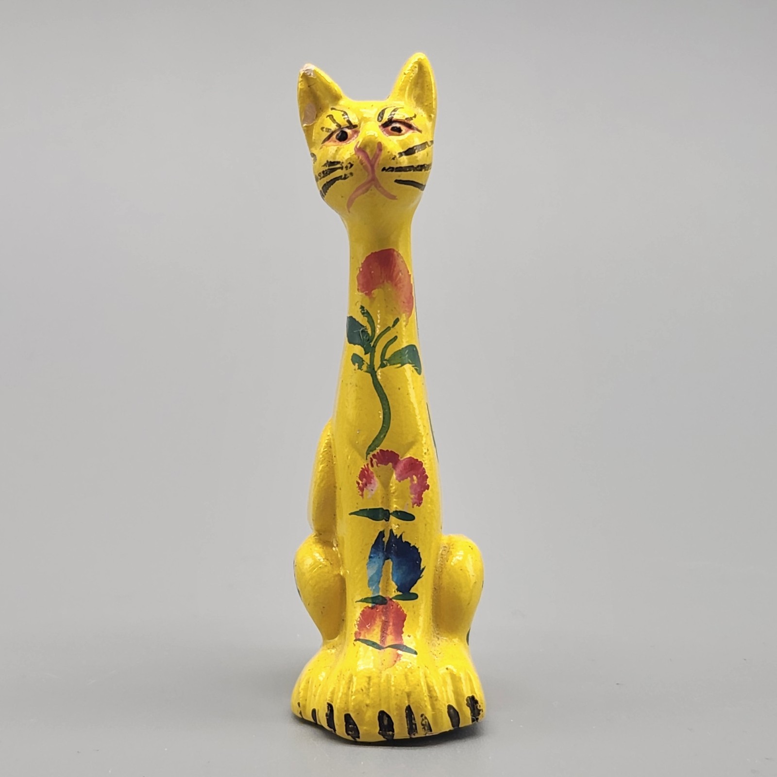 Vtg Long Necked Cat Figurine Portugal Yellow Folk Art Handpainted Miniature Read