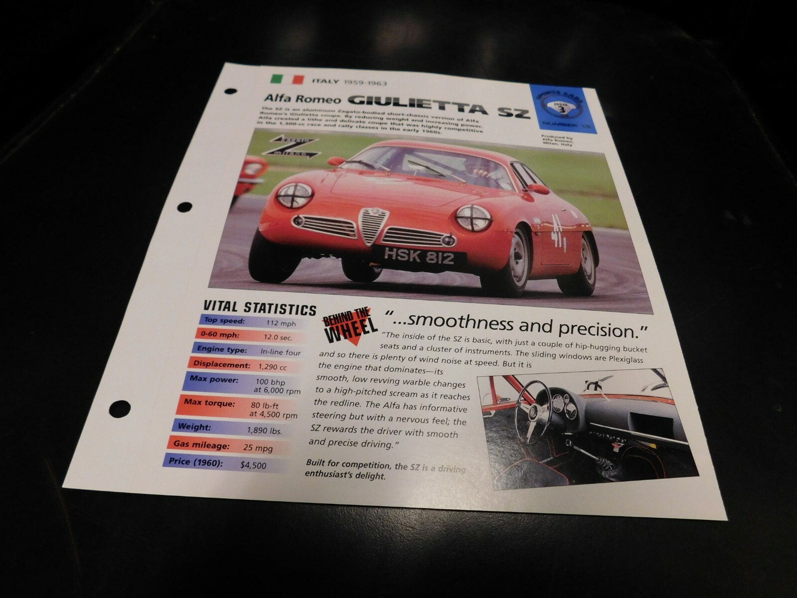 1959-1963 Alfa Romeo Giulietta SZ Spec Sheet Brochure Photo Poster 62 61 60