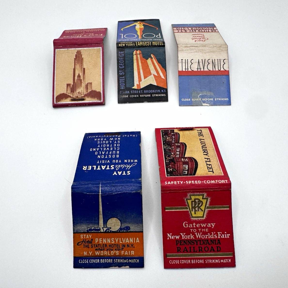 5 Vintage NYC Matchcovers 1939 World's Fair PRR Railroad Essex House St George 5 Vintage NYC Matchcovers 1939 World's Fair PRR Railroad Essex House St George