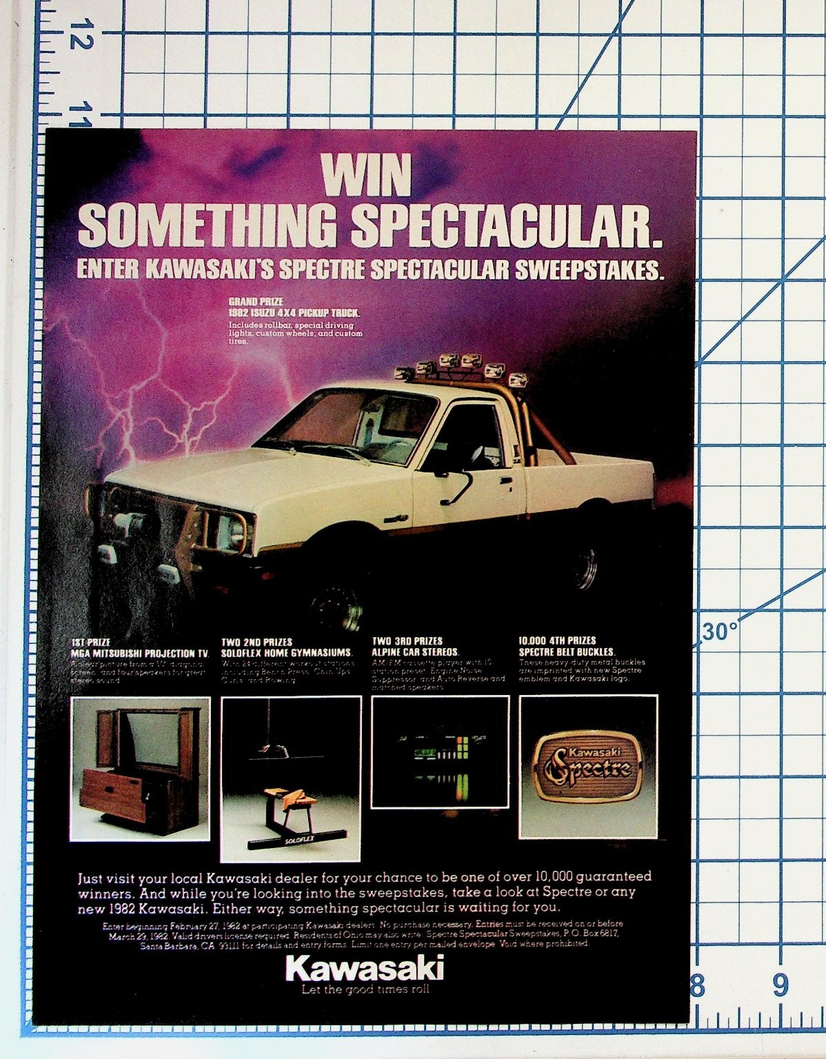 1982 Kawasaki Spectre Sweepstakes Magazine Ad Isuzu 4x4 Truck TV Stereo 1982 Kawasaki Spectre Sweepstakes Magazine Ad Isuzu 4x4 Truck TV Stereo