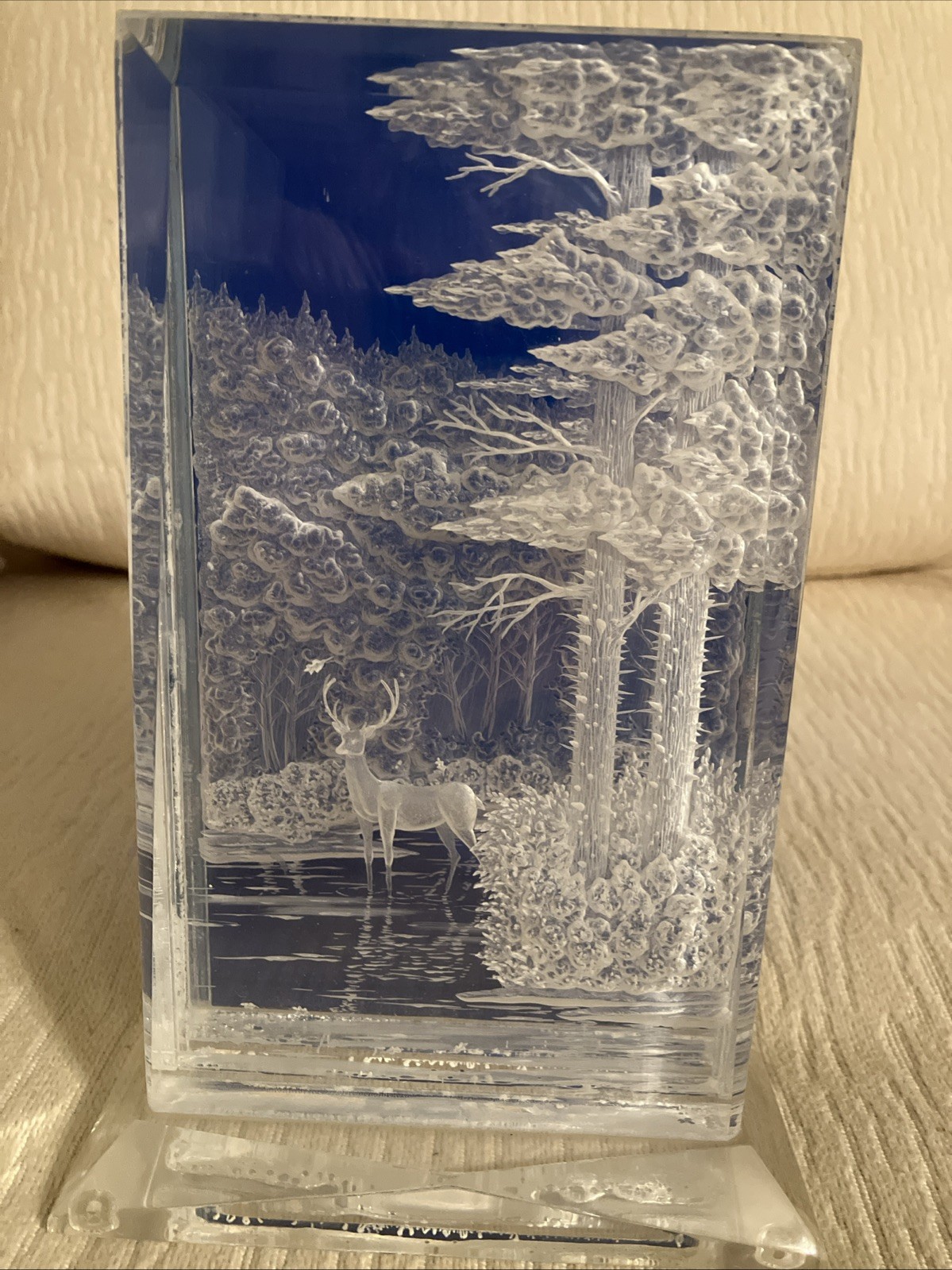 Vintage Carved Solid Lucite Acrylic 3D Sculpture Deer/Tree Scene 8.5”-Signed