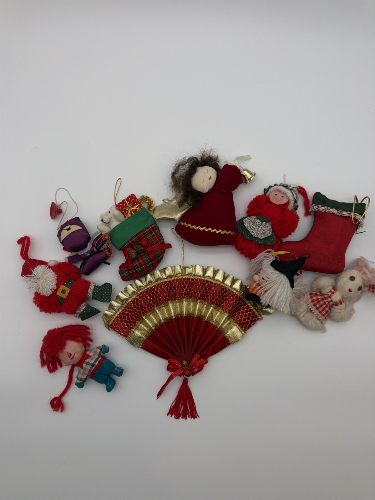 Vintage Christmas Ornaments Lot 10 Raggedy Andy Yarn Fabric VTG