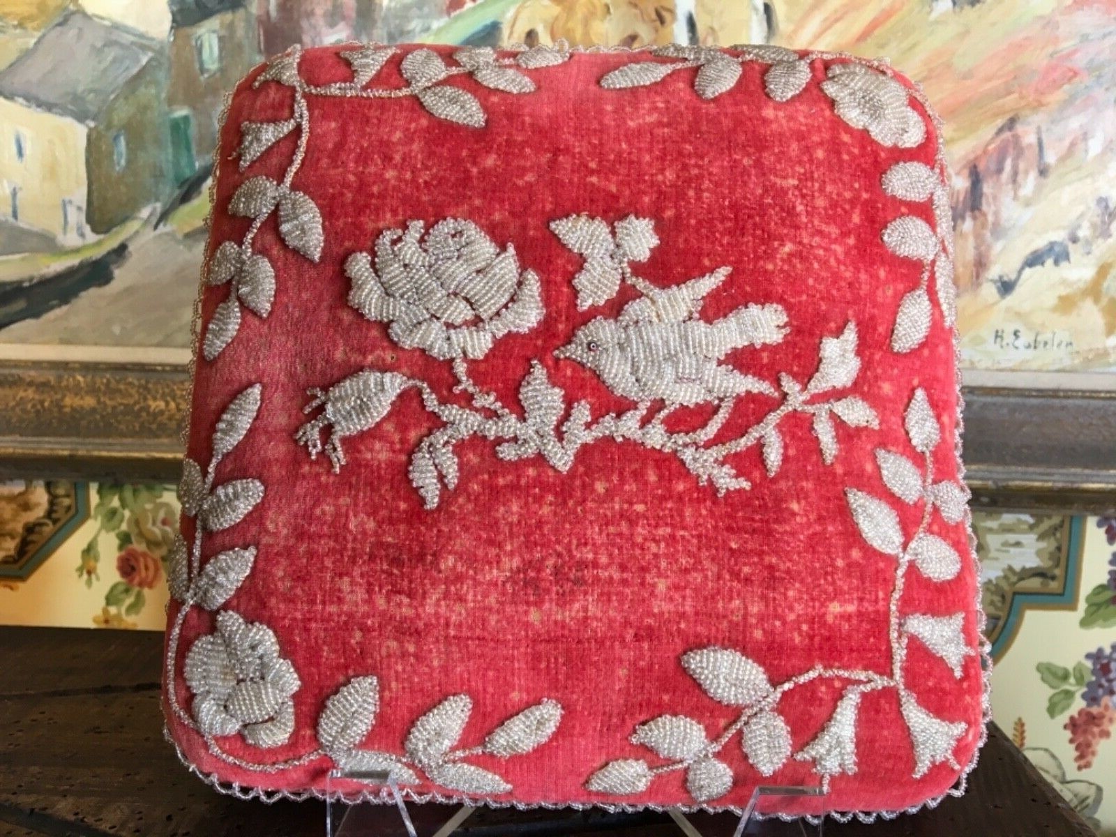 Lovely Antique Folk Art Small Beaded Stool 19th Century Velvet Birds Floral