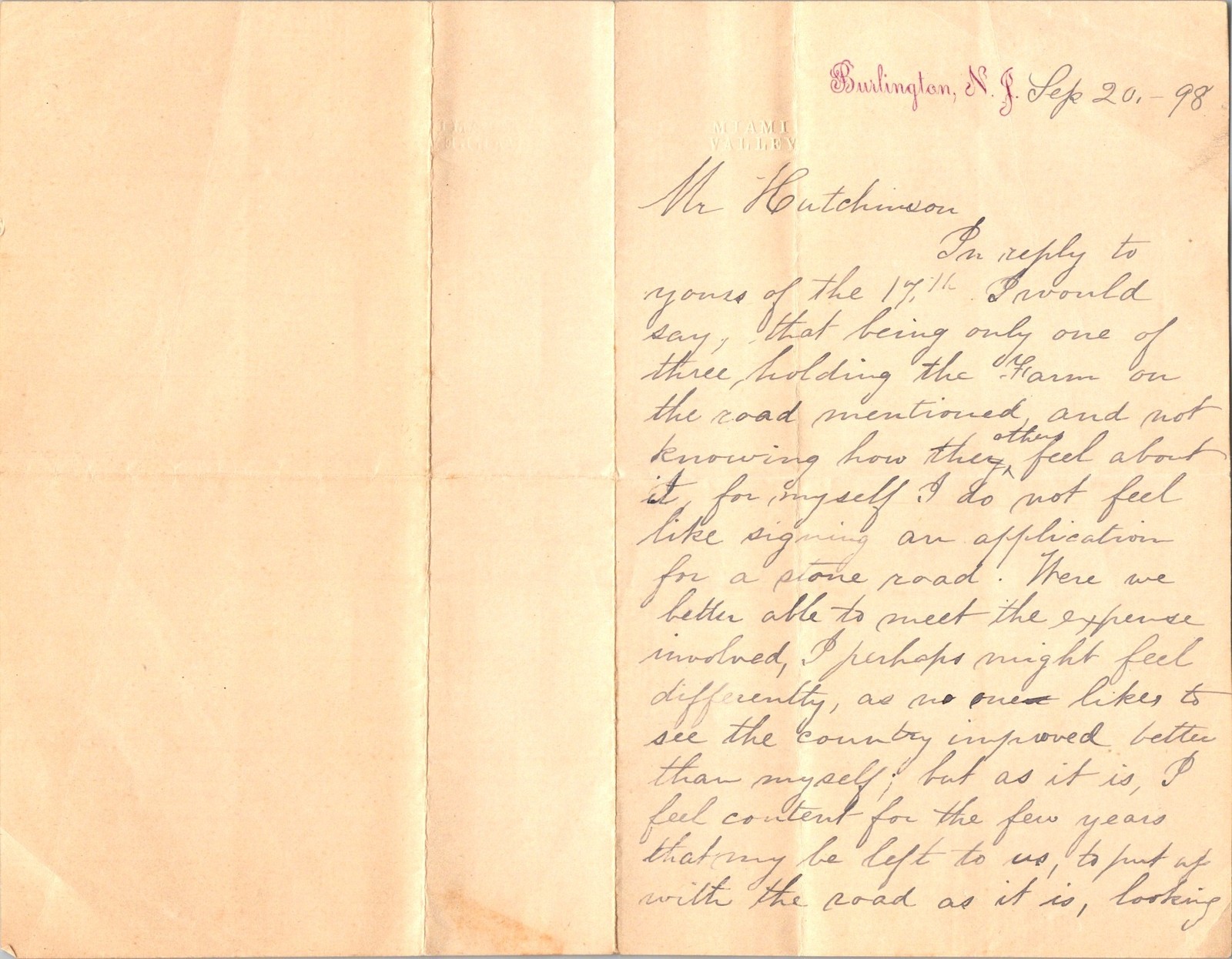 Burlington NJ 1898 Mary H Carpenter Handwritten Letter Stone Road & City of Gold Burlington NJ 1898 Mary H Carpenter Handwritten Letter Stone Road & City of Gold