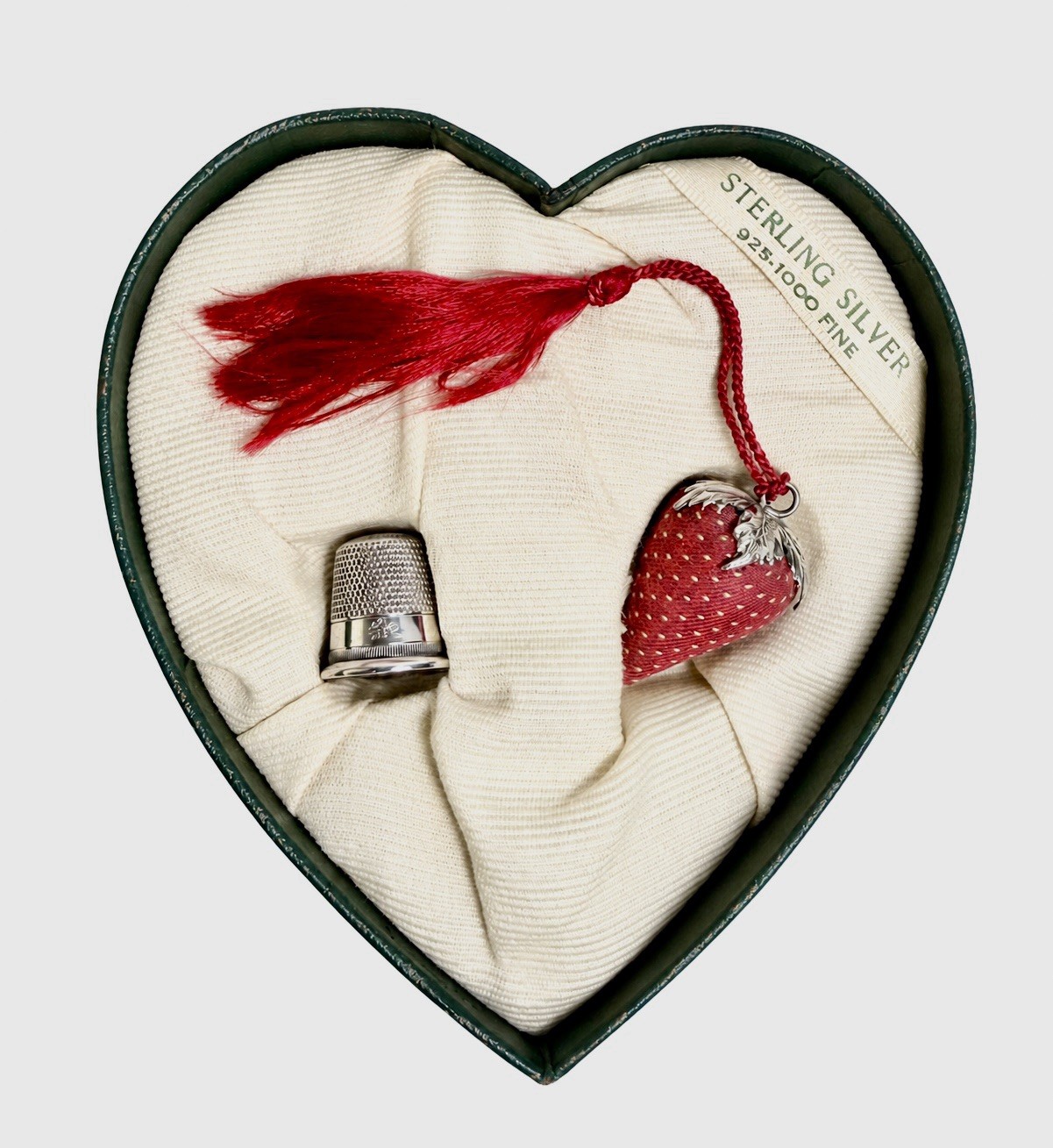 Antique Victorian Sterling Silver Sewing Set Heart Box Strawberry Emery Thimble Antique Victorian Sterling Silver Sewing Set Heart Box Strawberry Emery Thimble