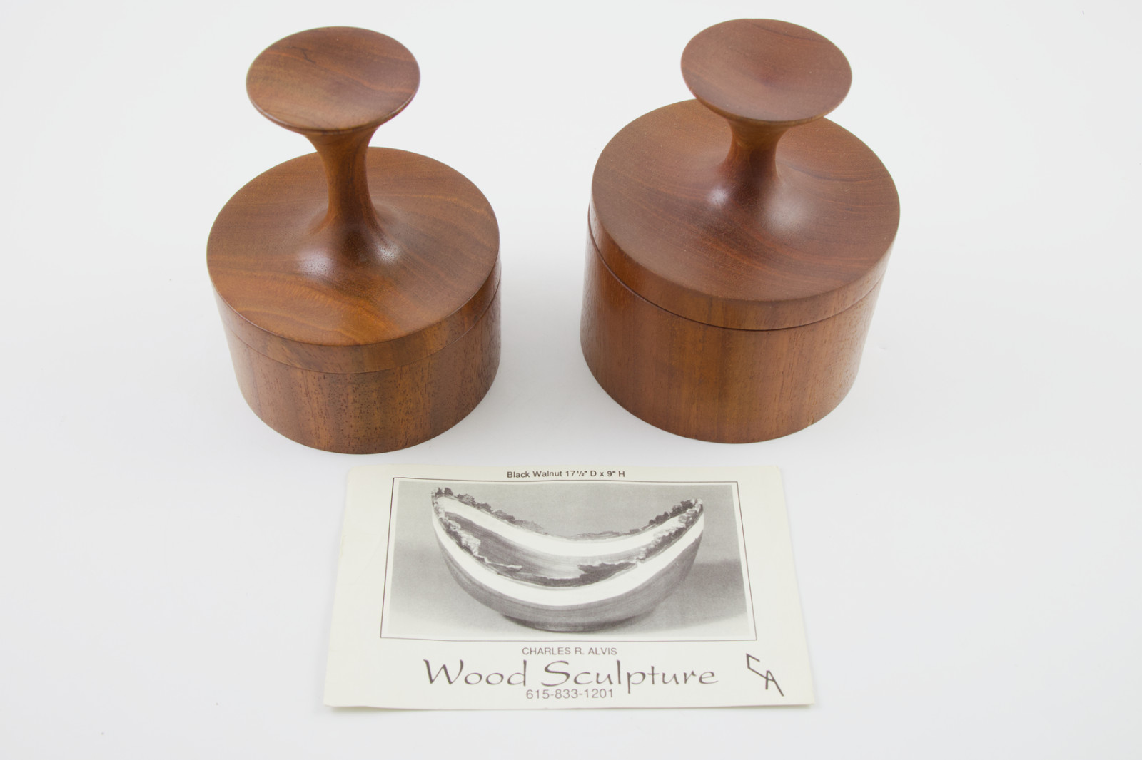 2 Handcrafted Danish Modern Signed Sculptural Walnut Jewelry Trinket Jars Boxes