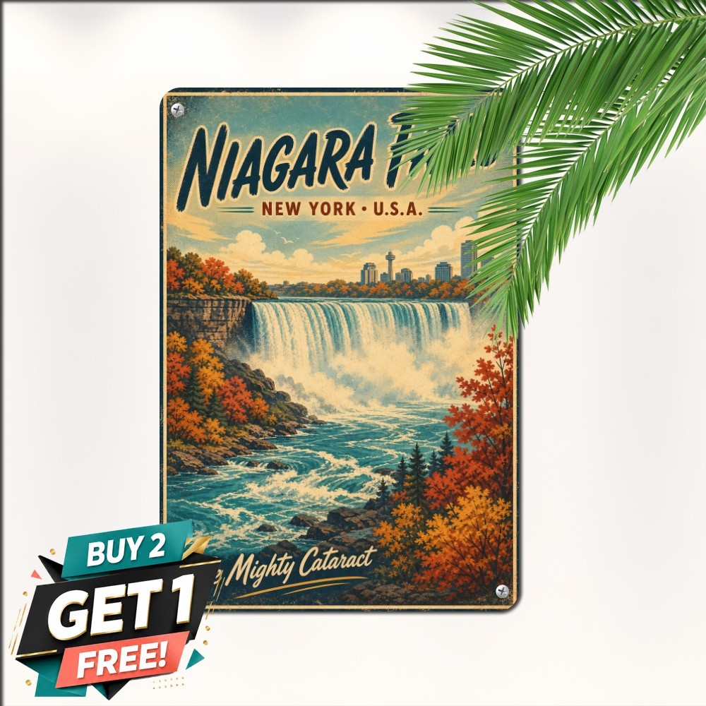 Niagara Falls Waterfall Landmark Souvenir Plaque Vintage Metal Tin Sign