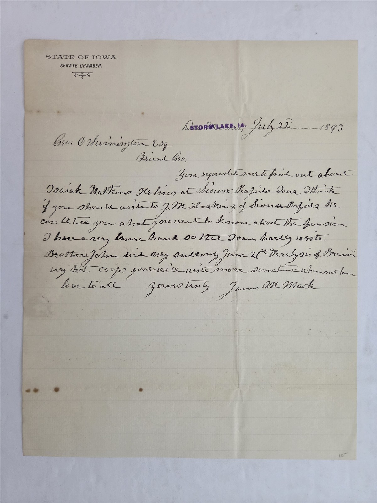 1893 antique IOWA SENATE CHAMBER LETTERHEAD storm lake ia JAMES M. MACK signed