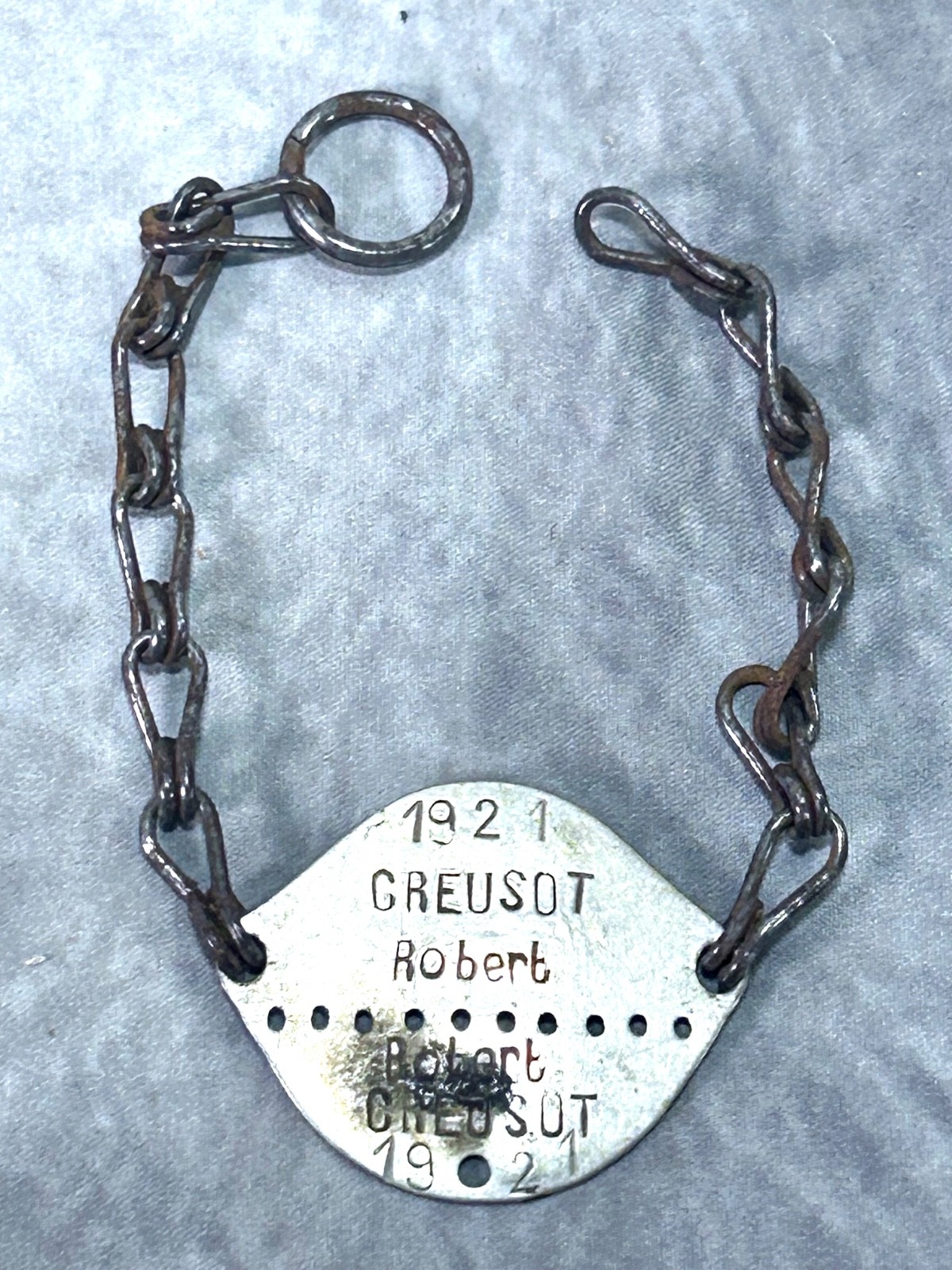 WW1/WW2 French Army Dog Tag ID Wrist Bracelet 1921 Class Épinal Robert Creusot