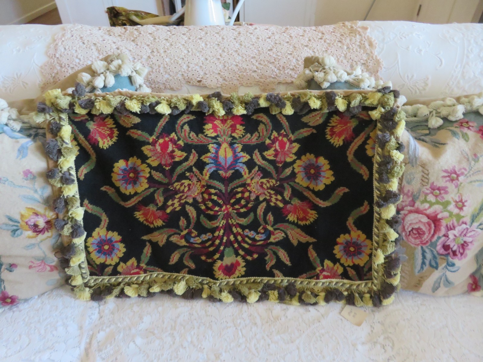 Aubusson style Needlepoint Pillow Folk Art on BLACK NWOT w Florals & Fringe Aubusson style Needlepoint Pillow Folk Art on BLACK NWOT w Florals & Fringe