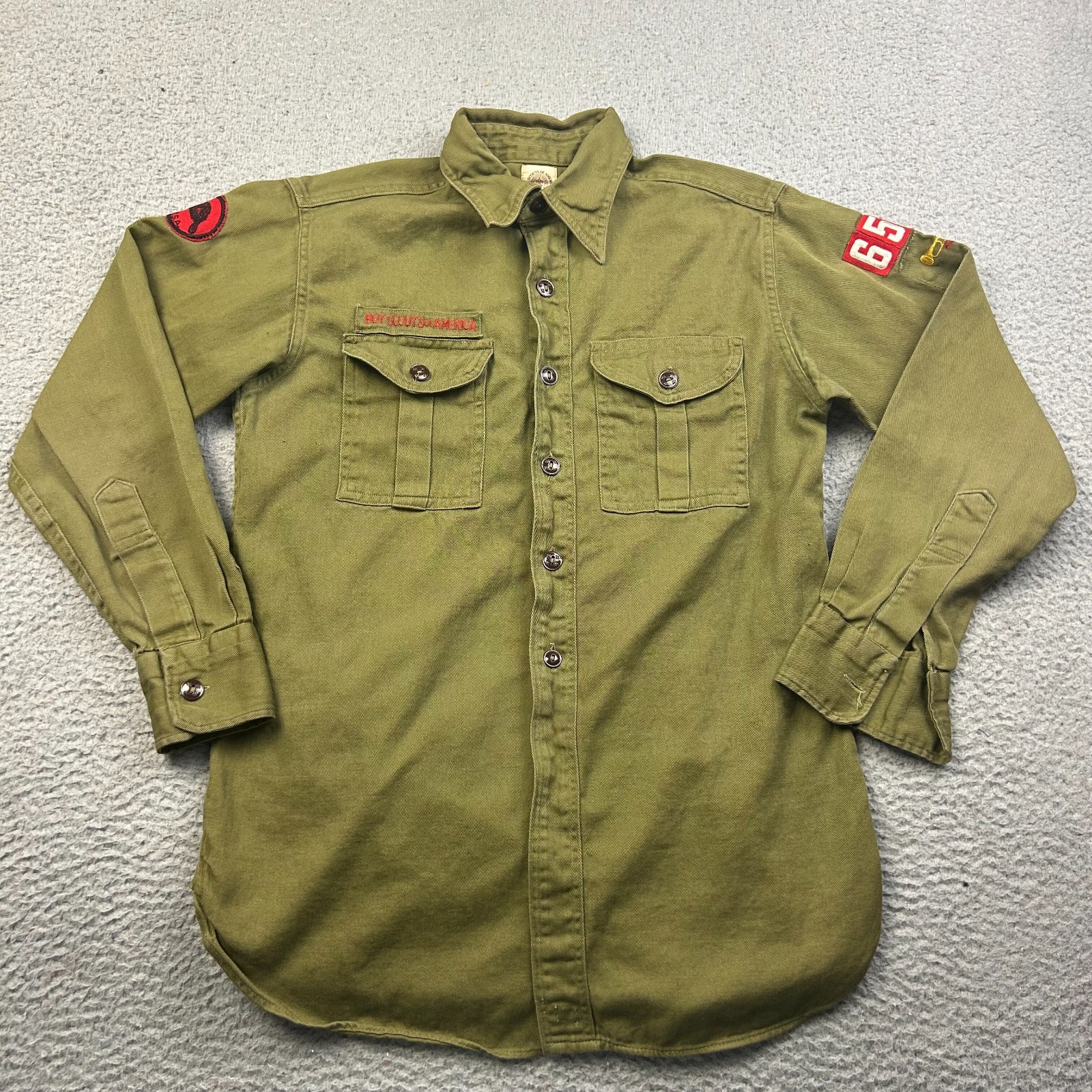 VTG Boy Scouts of America Shirt Youth 14 Olive Green BSA Uniform Sanforized