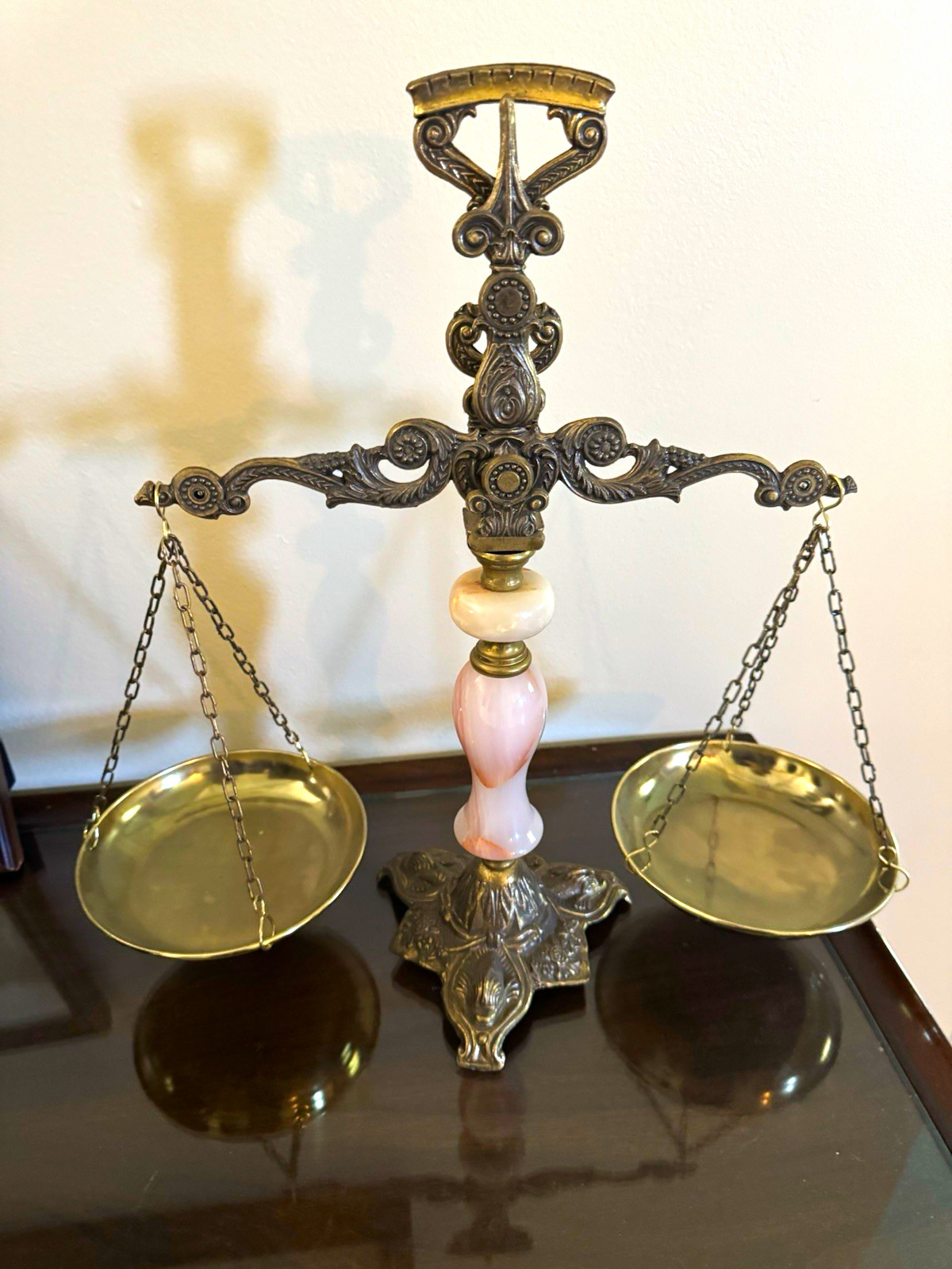 Vintage Ornate Brass Balance Scale Dual Hanging Pans Pink/White Marble-Look