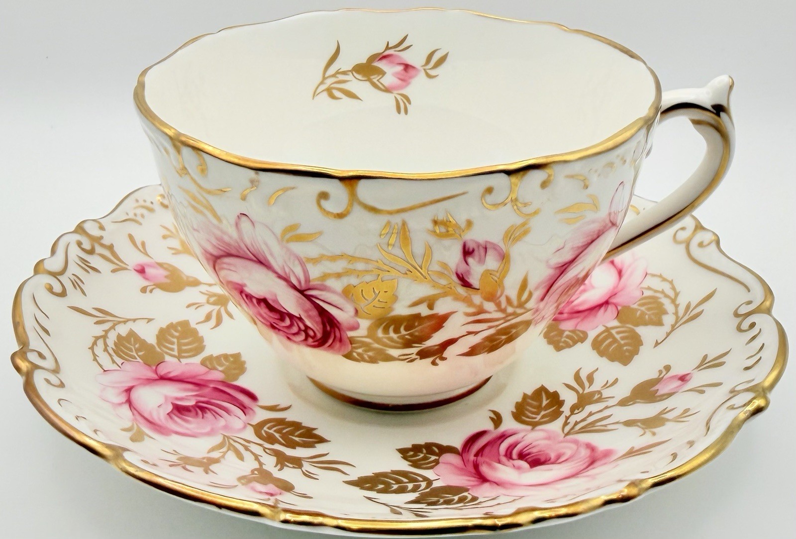 Vintage Coalport Pink Cabbage Rose Heavy Gold Cup & Saucer; Teacup England Vintage Coalport Pink Cabbage Rose Heavy Gold Cup & Saucer; Teacup England