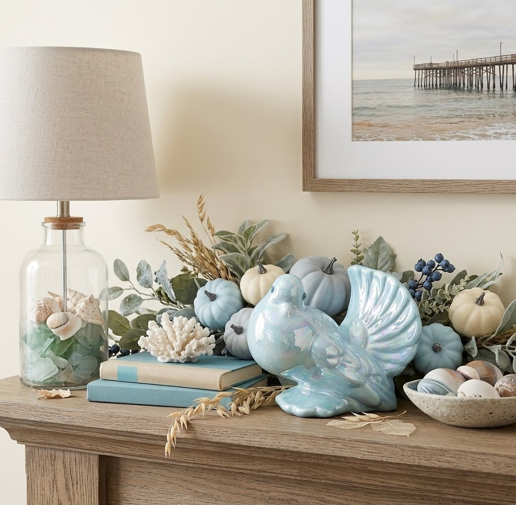 Vintage Iridescent Ceramic Fantail Dove Figurine Pearlescent Blue Coastal Autumn