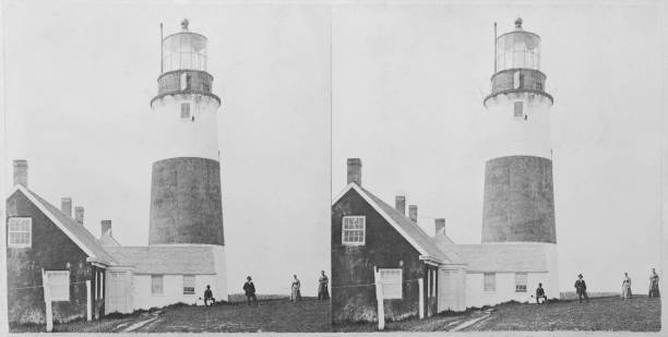 Four People Standing Before Sankaty Head Lighthouse Village Siasco- Old Photo Four People Standing Before Sankaty Head Lighthouse Village Siasco- Old Photo