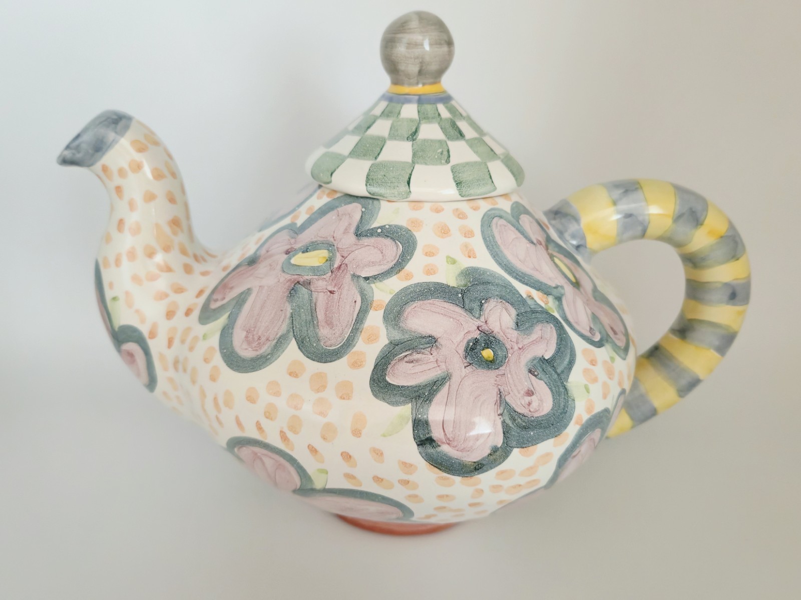 VTG 2001 Mackenzie Childs Taylor Myrtle Ceramic Floral Gingham Stripe Teapot