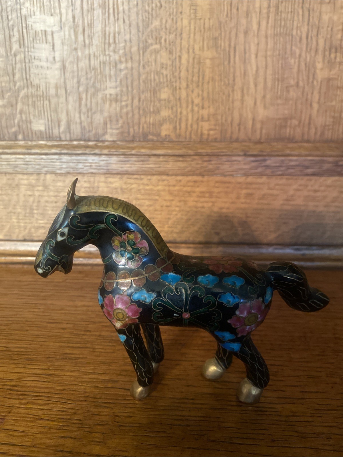 Vintage Black  Cloisonné Horse Asian Figurine