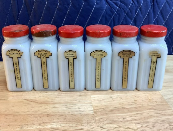 Vintage Griffiths Red Metal Lids Milk Glass Spice Jars Set of 6 Vintage Griffiths Red Metal Lids Milk Glass Spice Jars Set of 6