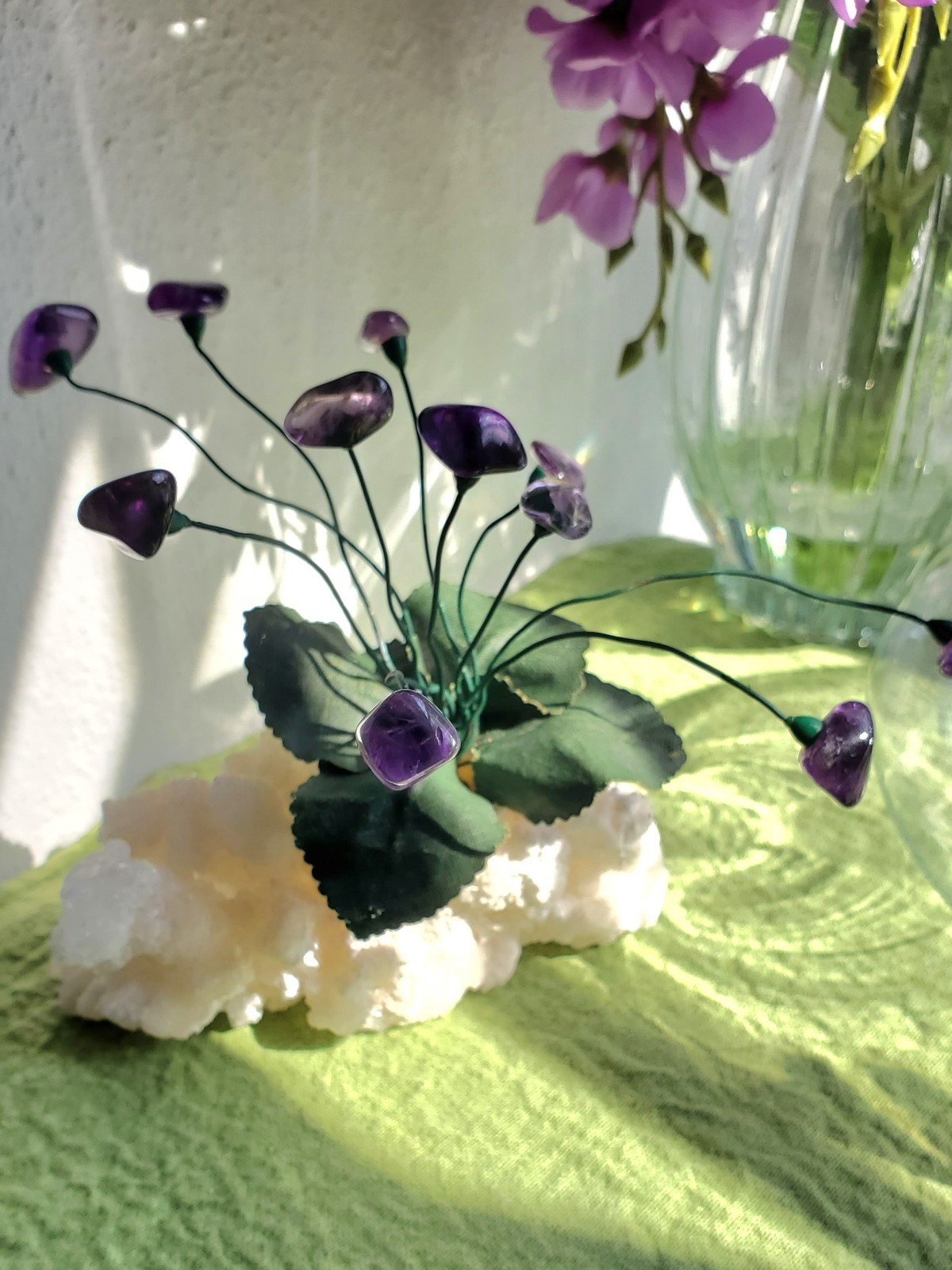 Vintage Amethyst Gemstone Wore Flower Sculpture On Crystal Drizy Base
