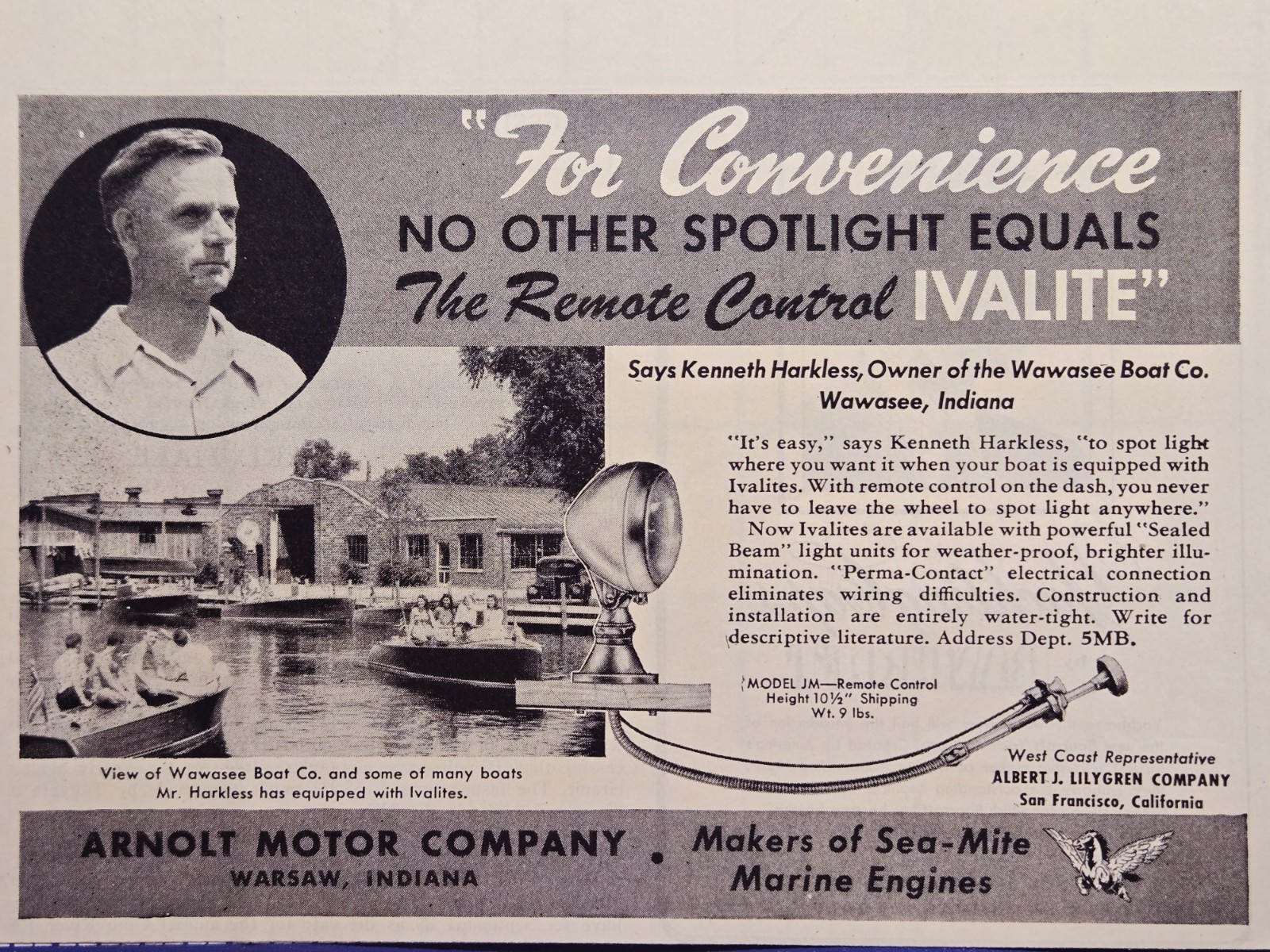 1946 Ivalite Marine Spotlight Print Ad Arnold Motor Co Warsaw IN Remote Control