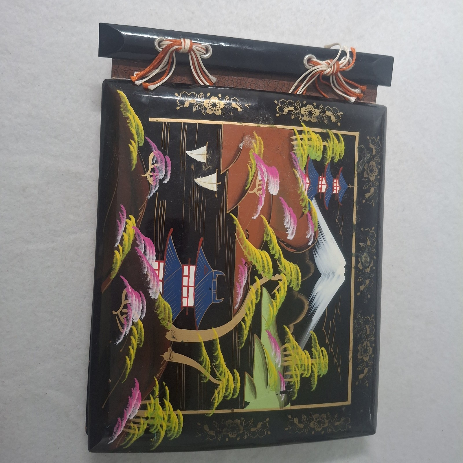 Japanese Black Lacquer Photo Album Mount Fuji Sailboat Hand Painted Scrapbook 