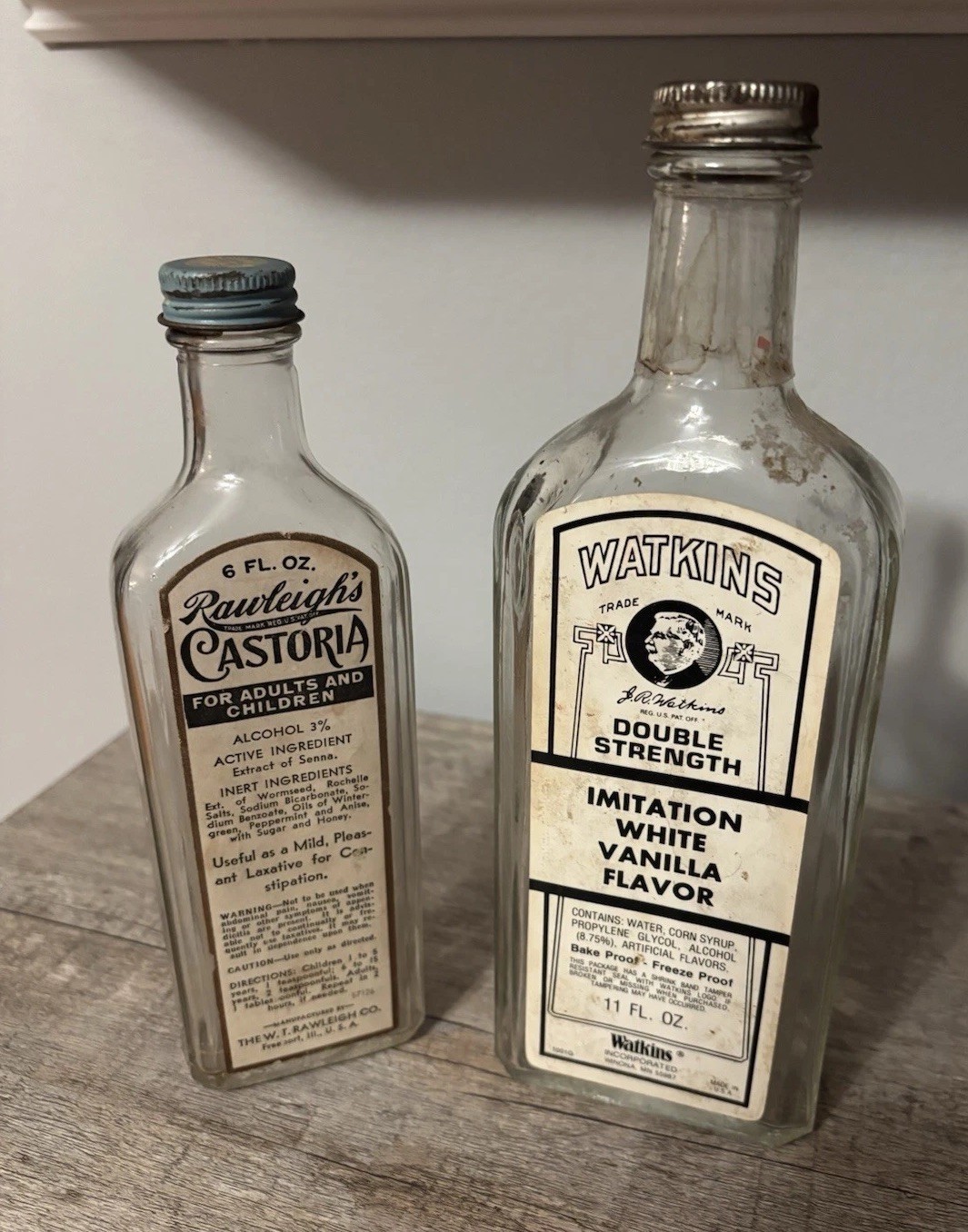 Vintage Rawleigh’s Castoria & Watkins Vanilla Flavor Glass Bottles Labels Caps