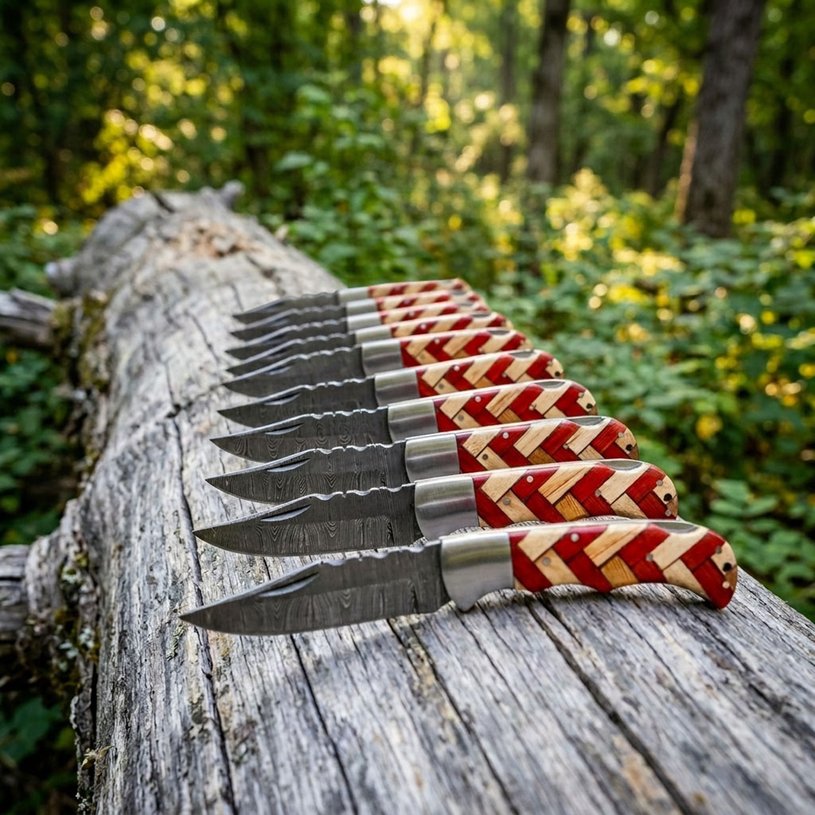 SET OF 15 PCS, DAMASCUS FOLDING HANDMADE EDC KNIVES & BLUE WOOD HANDLE & SHEATHS