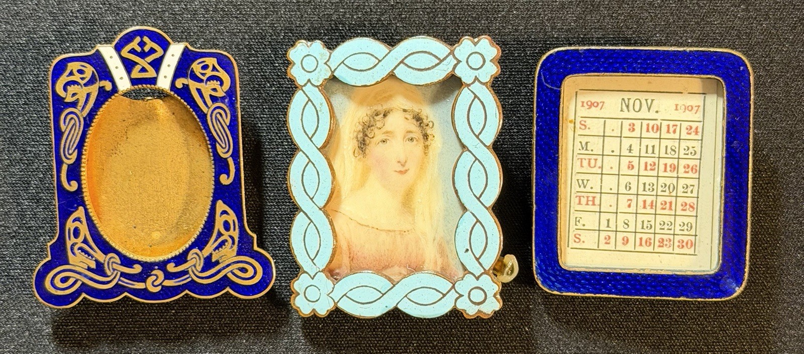 3 Antique Vintage Small Brass Miniature Frames Blue Accents