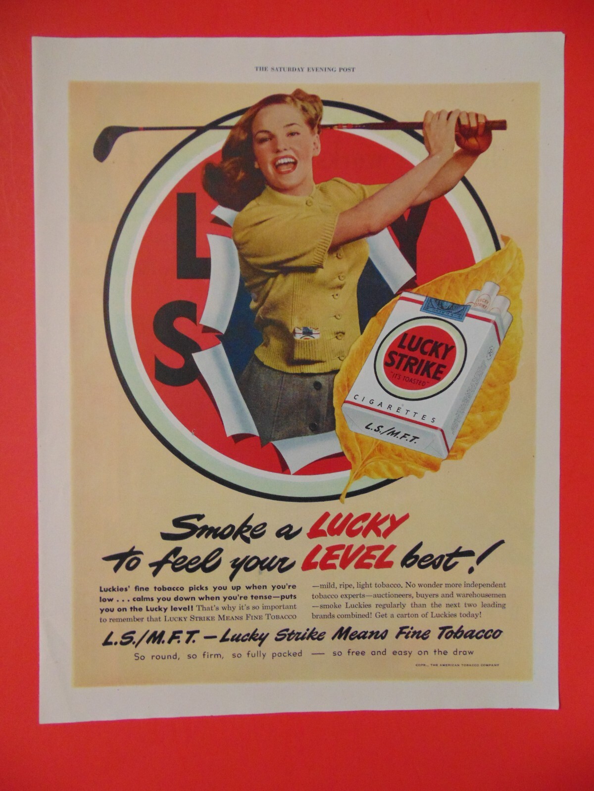 1949 LUCKY STRIKE Smoke a Lucky Lady Golfer art print ad 1949 LUCKY STRIKE Smoke a Lucky Lady Golfer art print ad