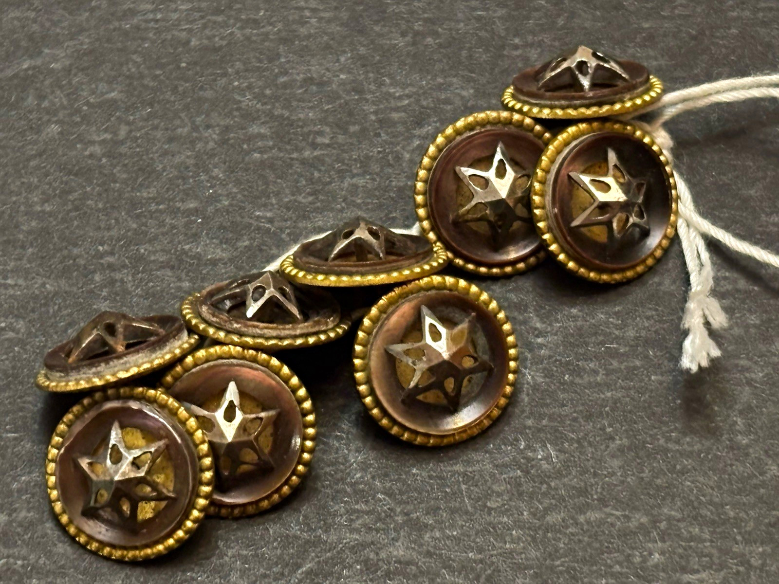 Set of 10 Antique Victorian 6-Pt Star Buttons Brass Steel Escutcheon 5/8\