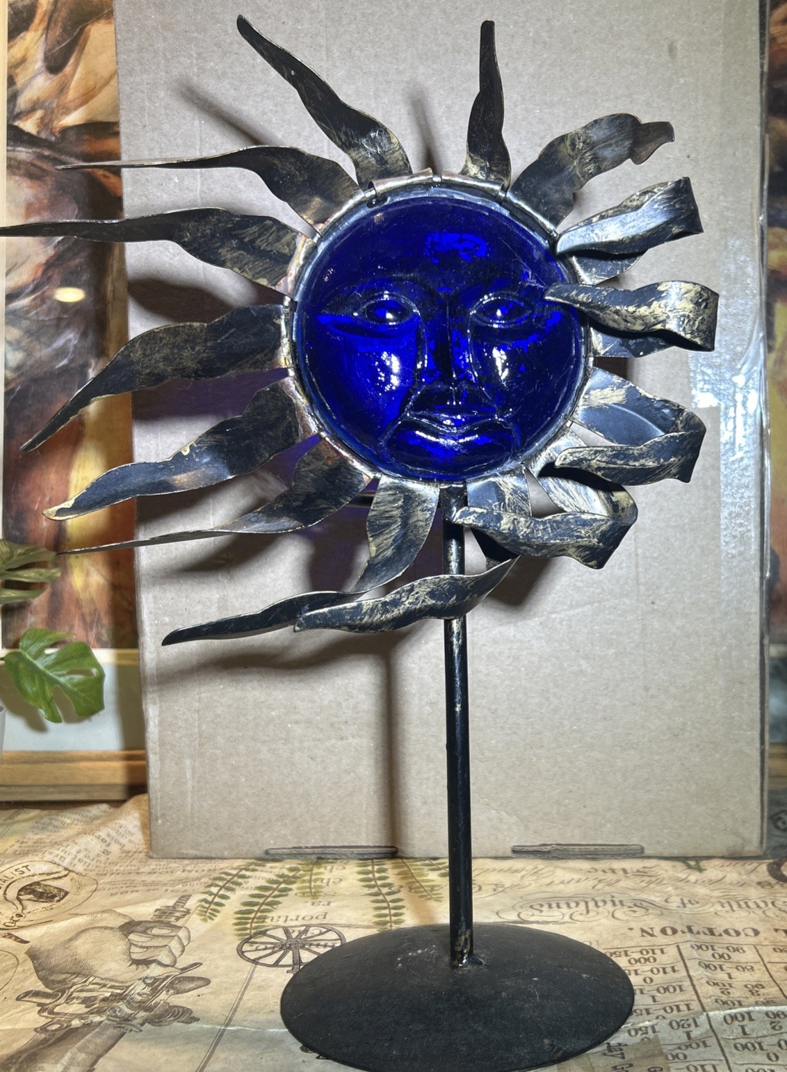 NaturalWonders Vtg90’s Celestial Sun BlueColbalt Glass Metal Candle Holder 12.5”