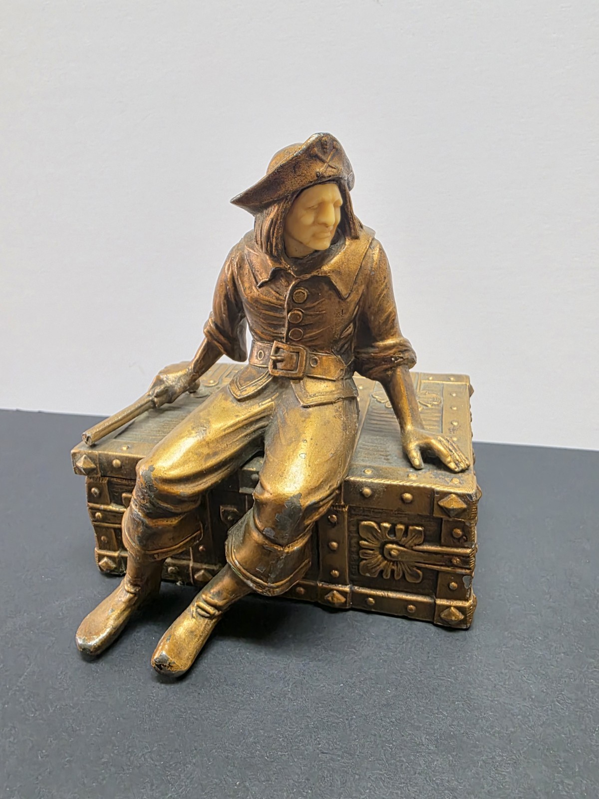 Antique J.B. Hirsch Pirate Sitting Treasure Chest Cast Iron & Wood Trinket Box