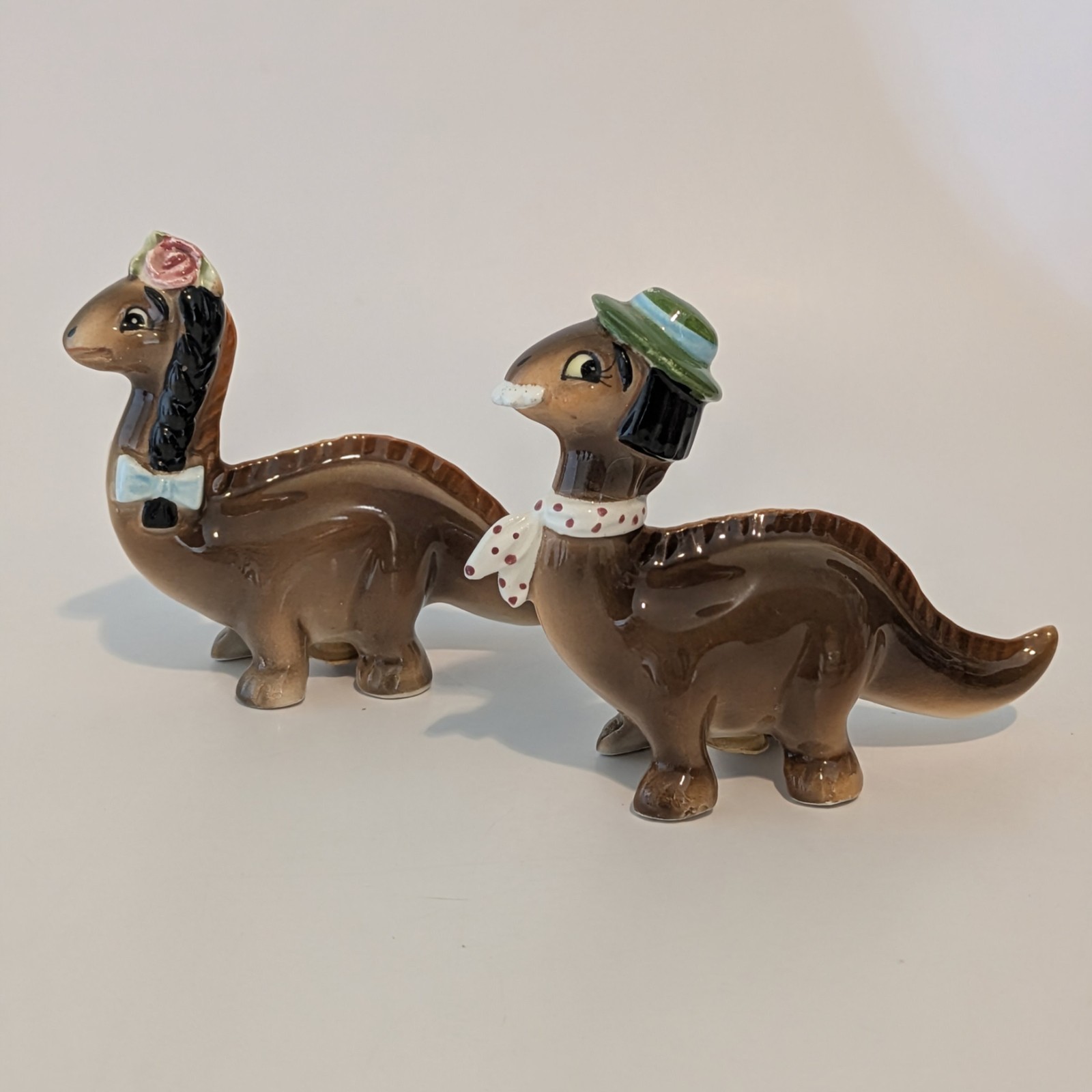 Vintage 1950s Norcrest Dinosaur Salt And pepper Shakers. Braids Teeth Boy Girl Vintage 1950s Norcrest Dinosaur Salt And pepper Shakers. Braids Teeth Boy Girl