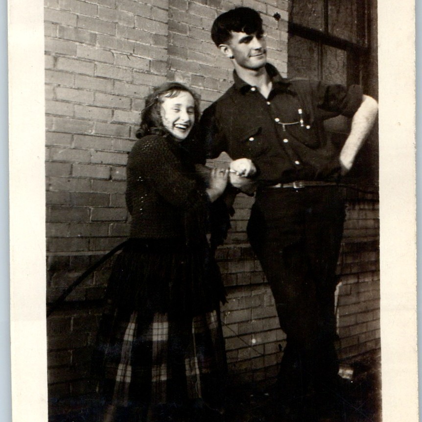 c1940s Vaughn Bass Cute Laughing Couple Brick Wall Fashion Mini Snapshot Photo c1940s Vaughn Bass Cute Laughing Couple Brick Wall Fashion Mini Snapshot Photo