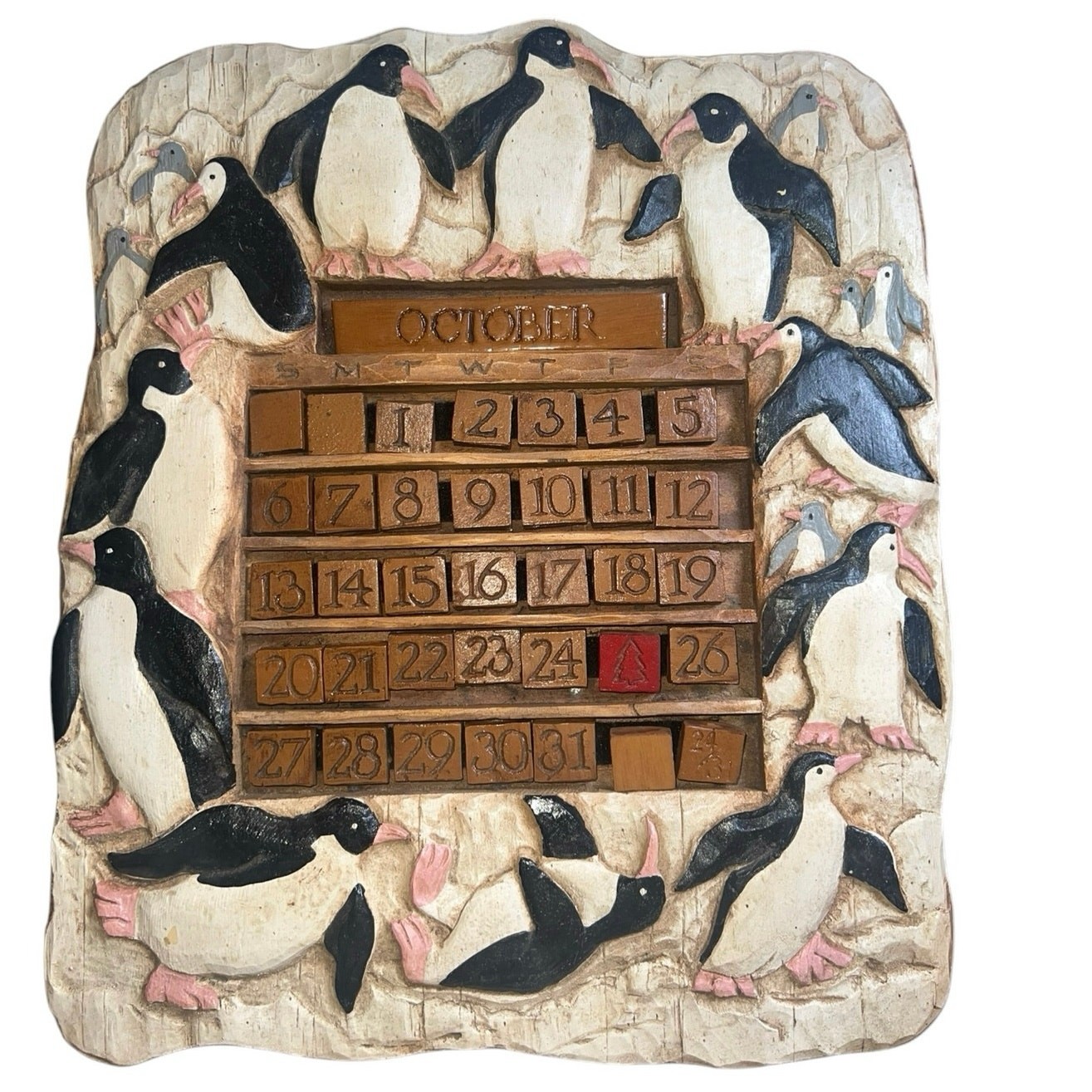 Al Pisano Country Carvers Penguins Perpetual Calendar Vintage 90s folk art decor