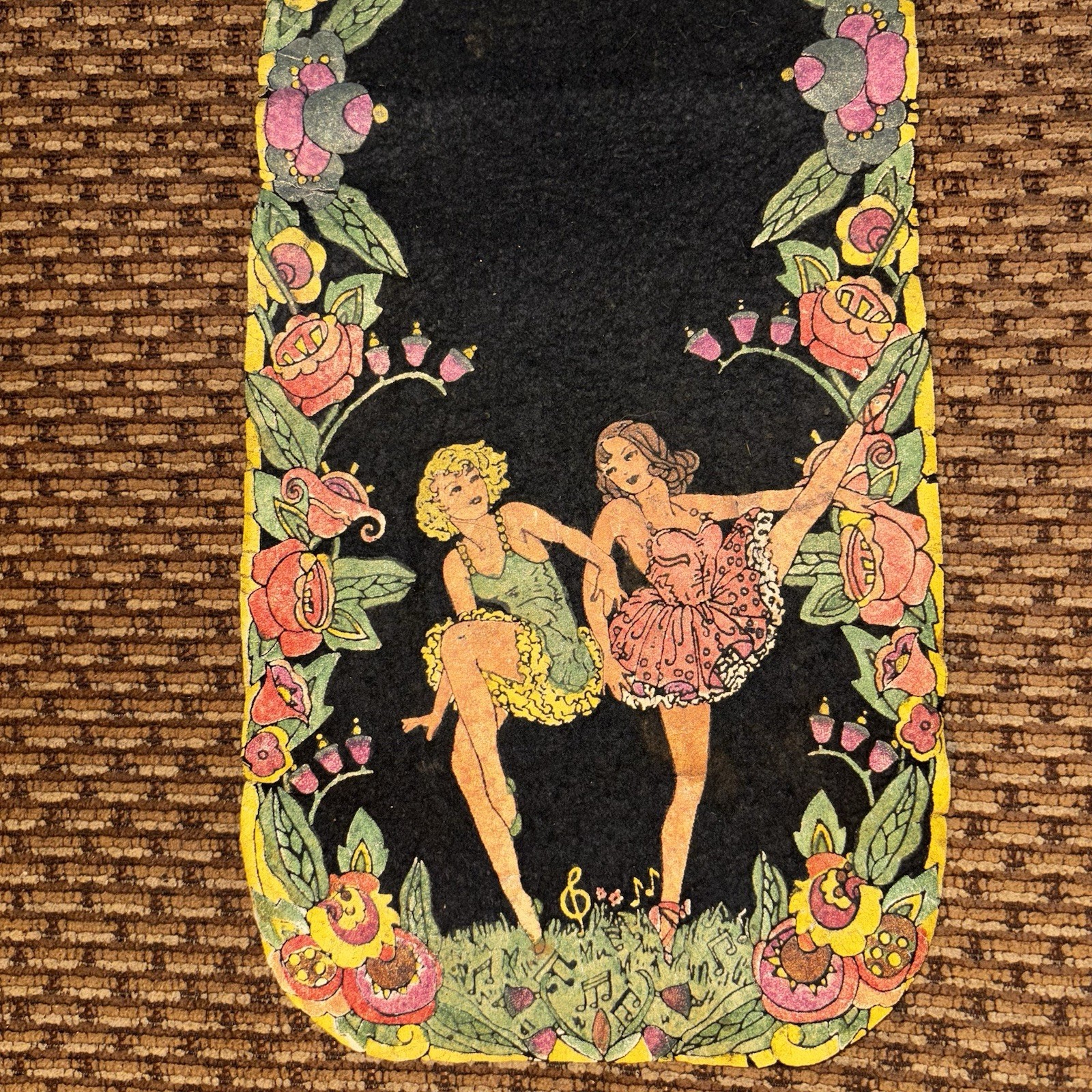 Antique 1920s Art Nouveau Victorian Scene Black Felt Hand Painted Dresser Scarf