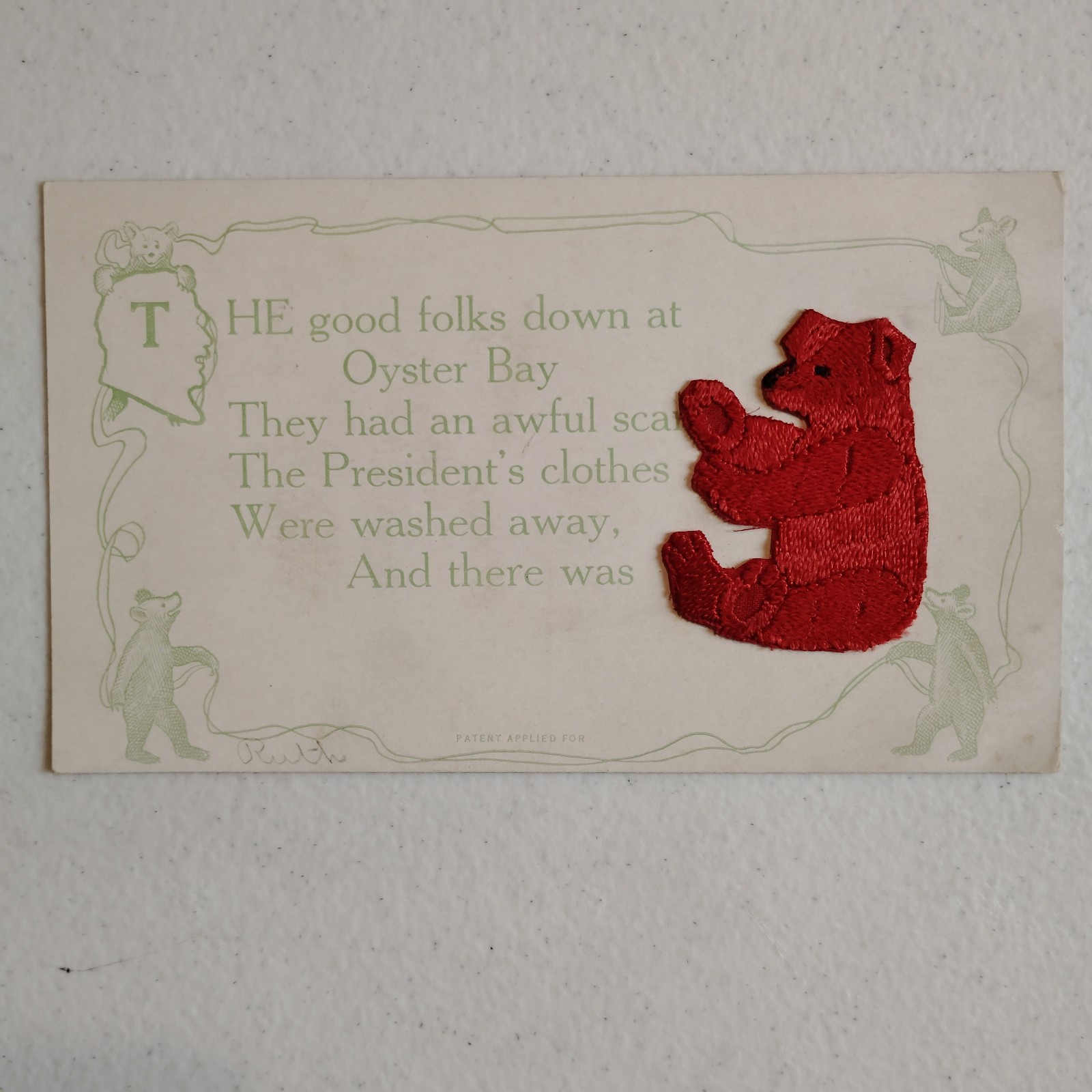 Antique Teddy Bear Postcard President Teddy Roosevelt Red Embroidered