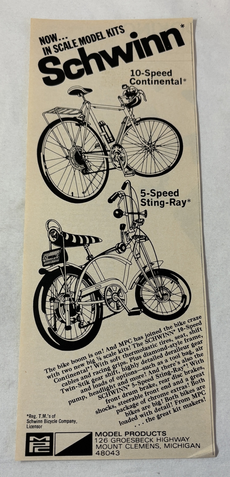 1972 SCHWINN MPC MODELS ad ~ 10-Speed Continental, 5-Speed Sting-Ray