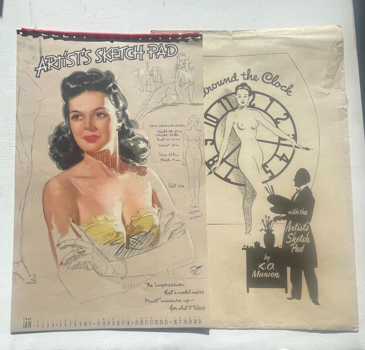1947 Complete 12 Month Artist Sketch Pad Pinup Girl Calendar by KO Munson & Env 1947 Complete 12 Month Artist Sketch Pad Pinup Girl Calendar by KO Munson & Env