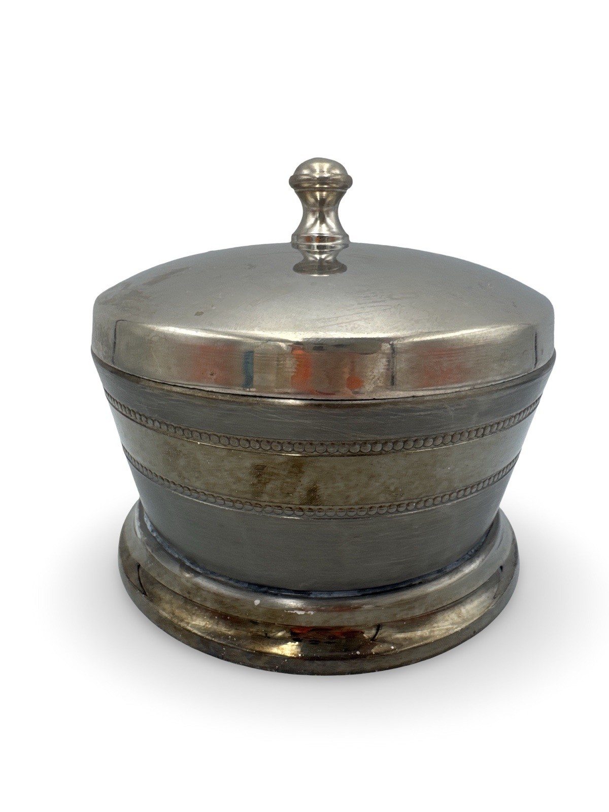Vintage Silver Plated Vanity Powder Puff Jar Makeup Dresser Box Beaded Pedestal