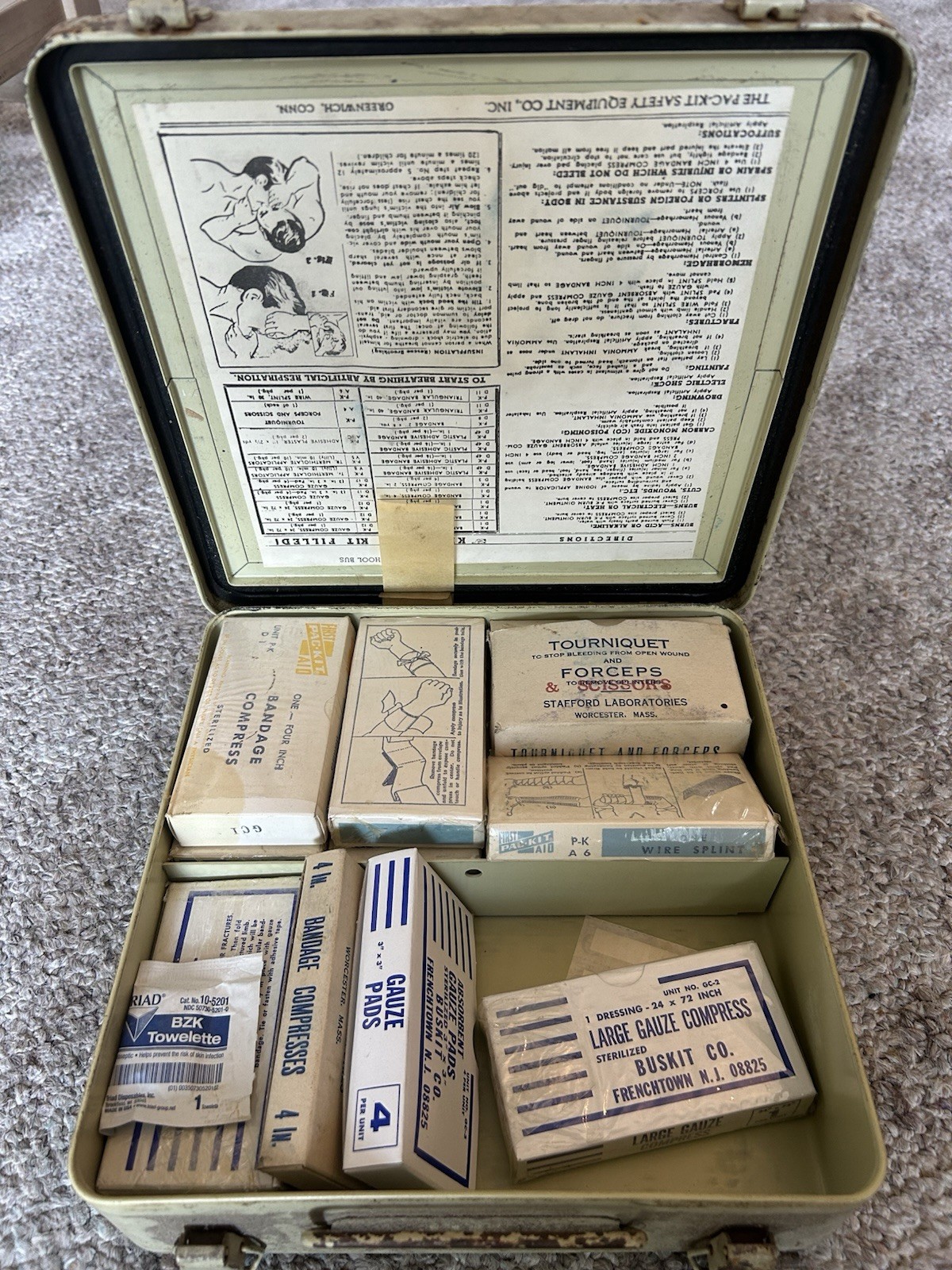 Vintage PAC-KIT School Bus First Aid Kit Metal Case Greenwich CT Contents