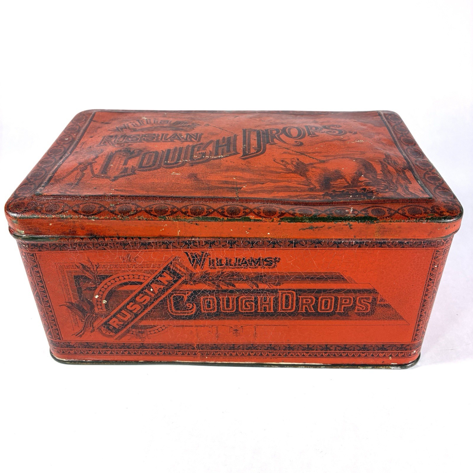 Antique Williams Russian Cough Drops Red Tin Litho Medicine Can Scranton PA Bear Antique Williams Russian Cough Drops Red Tin Litho Medicine Can Scranton PA Bear