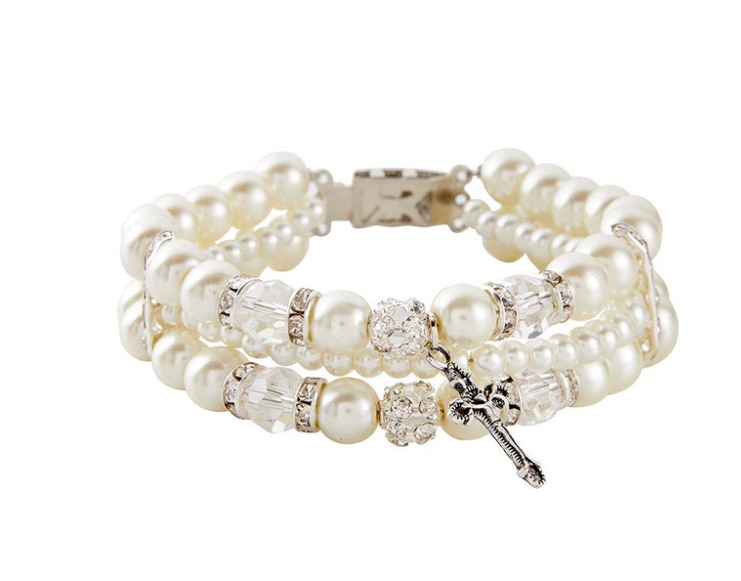 Pearl & Crystal Cross Bracelet, Silver Plated, Fits 7\