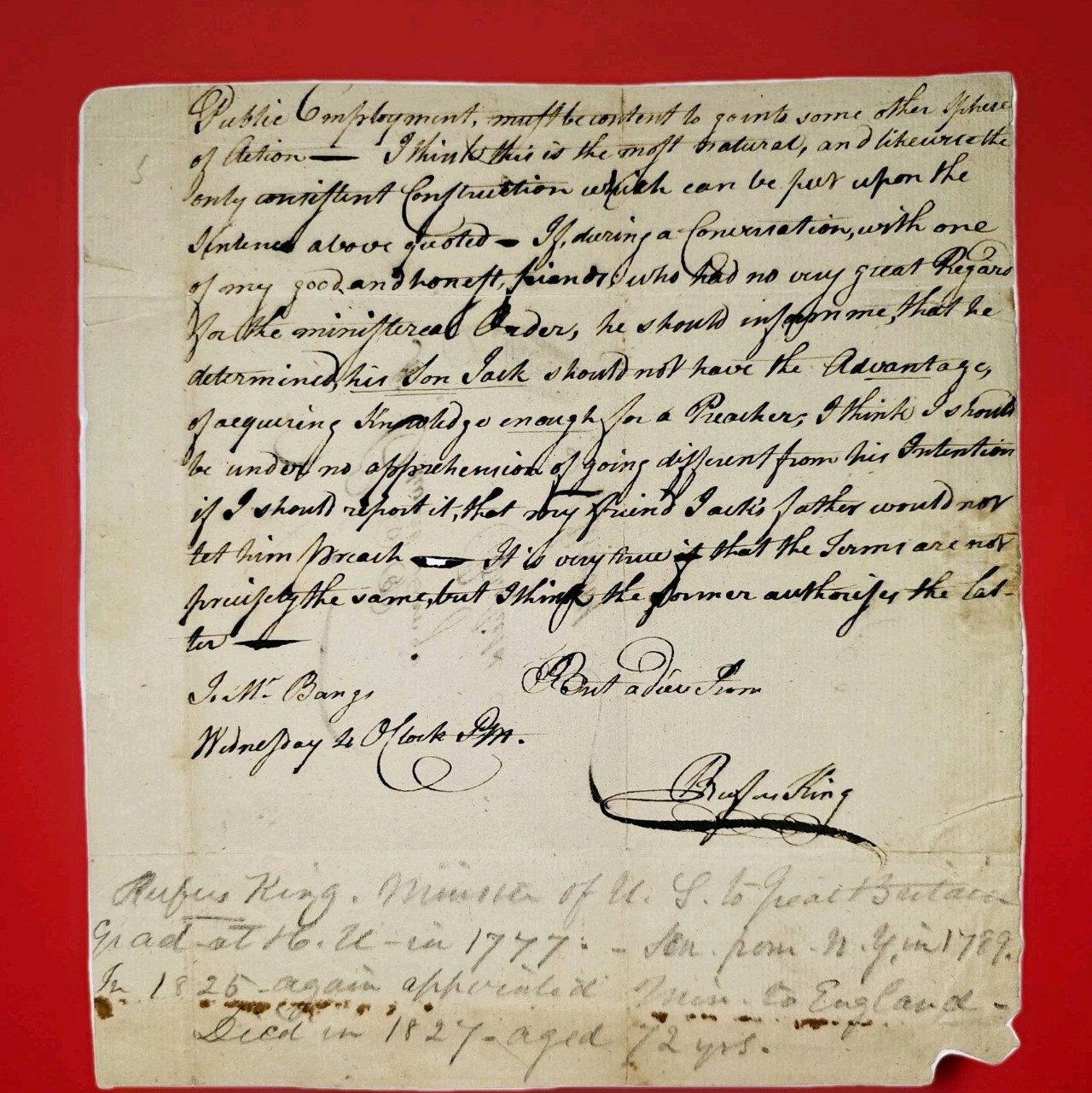 c.1777-1785 Rufus King, ALS Founder, New York, Constitution Signer, US Senator