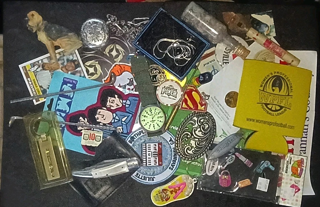 Junk Drawer Lot Old Collectibles Antiques Vintage Buckle Knife Pins Buttons