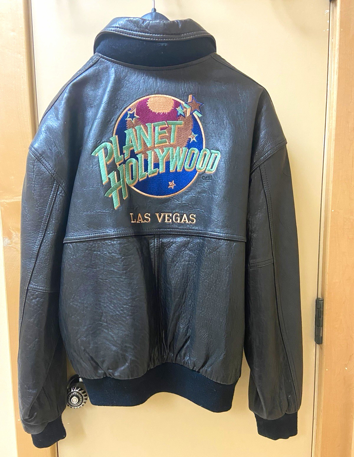 Vintage early 90’s Planet Hollywood Las Vegas Embroidered Black Leather Jacket 