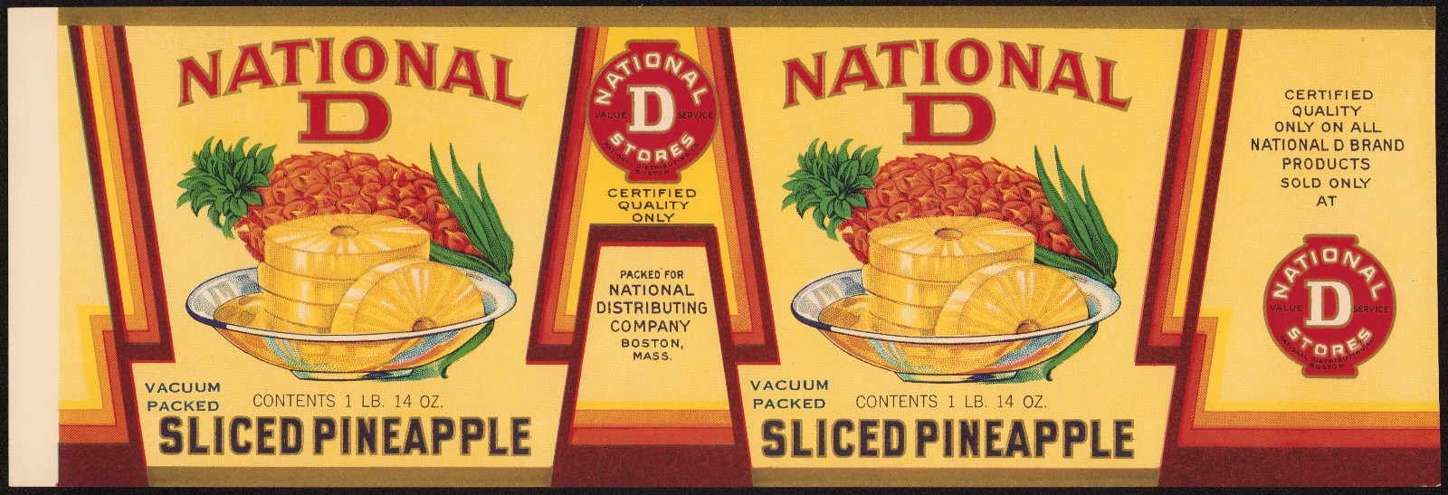NATIONAL D BRAND SLICED PINEAPPLE antique can label Boston Mass late 1920s NATIONAL D BRAND SLICED PINEAPPLE antique can label Boston Mass late 1920s