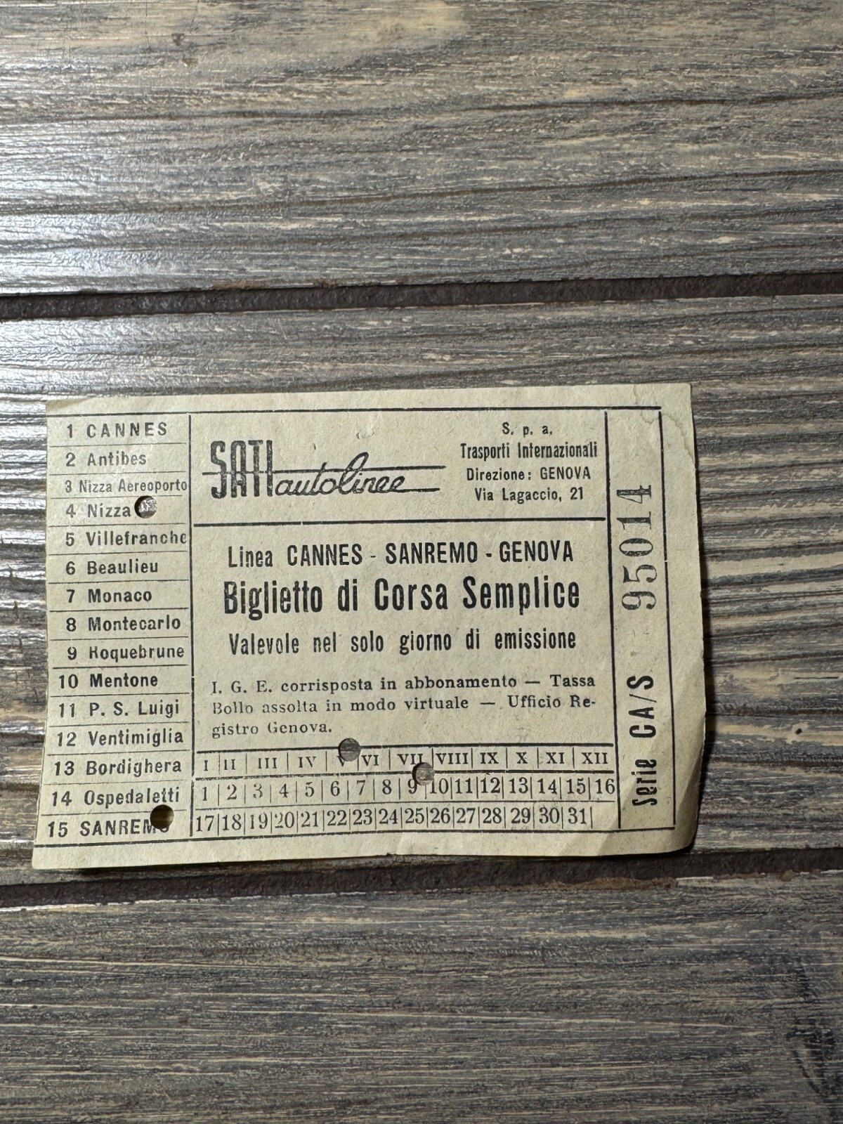 Vintage 1960s Sati Autolinee Cannes-Sanremo-Genova Bus Ticket
