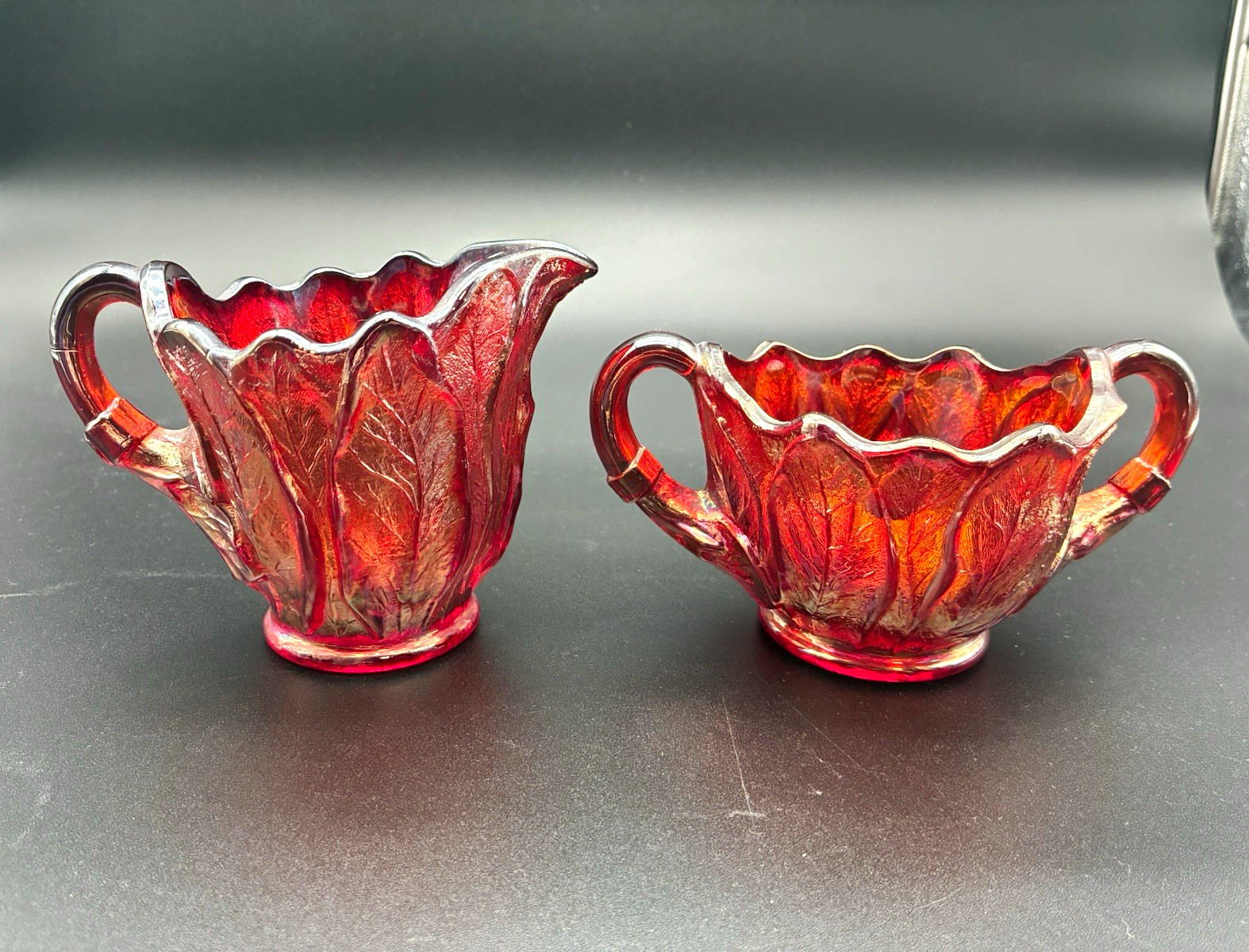 Vintage Indiana Carnival Glass Sunset Red Orange Leaf Creamer Sugar Bowl Set